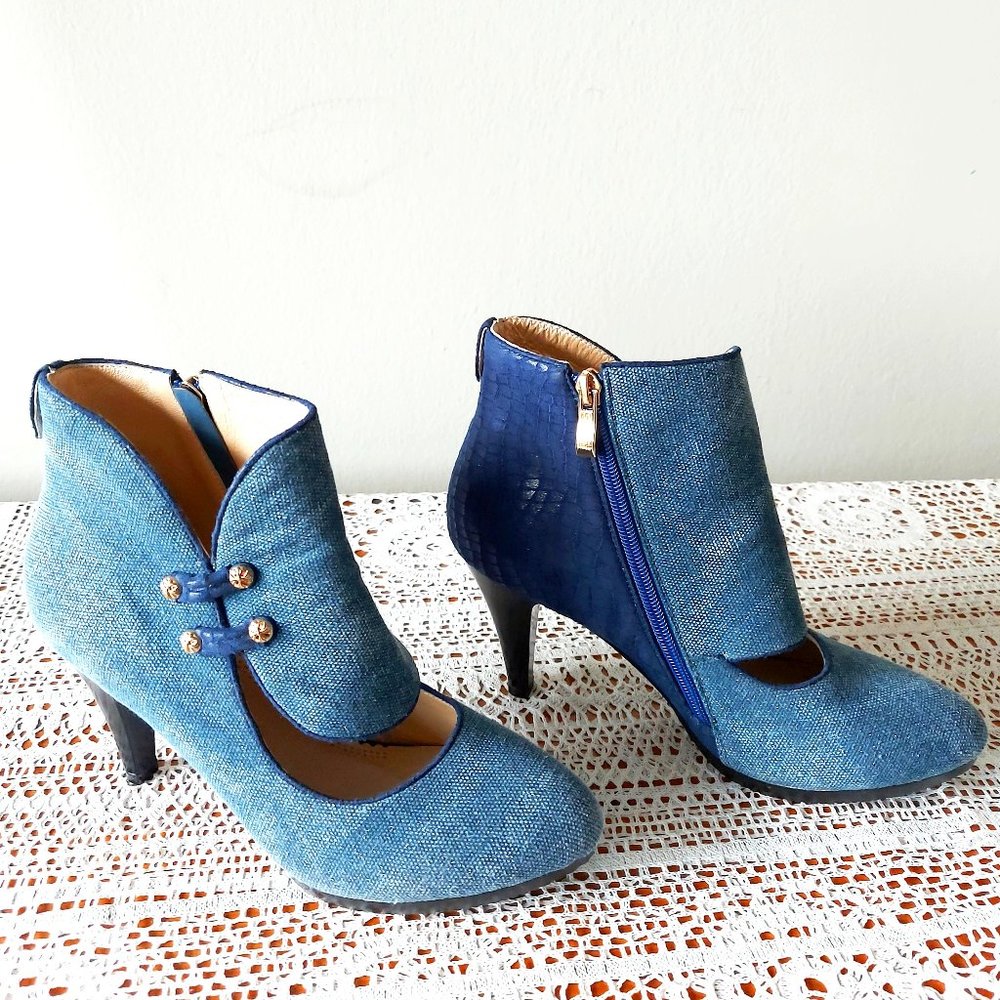 Luvshoes Denim Shoes Size 37 EU Blue Leather Lining Heel Booties Zipper Cutout